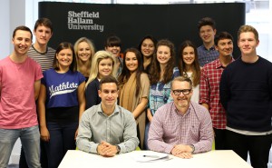 The thirteen Chartered Manager Degree Apprentices and Tim Davidson-Hague, Head of Executive Education and Corporate Programmes at Sheffield Hallam, and Tom Banham, Head of Academy Talent Acquisition at Nestlé.